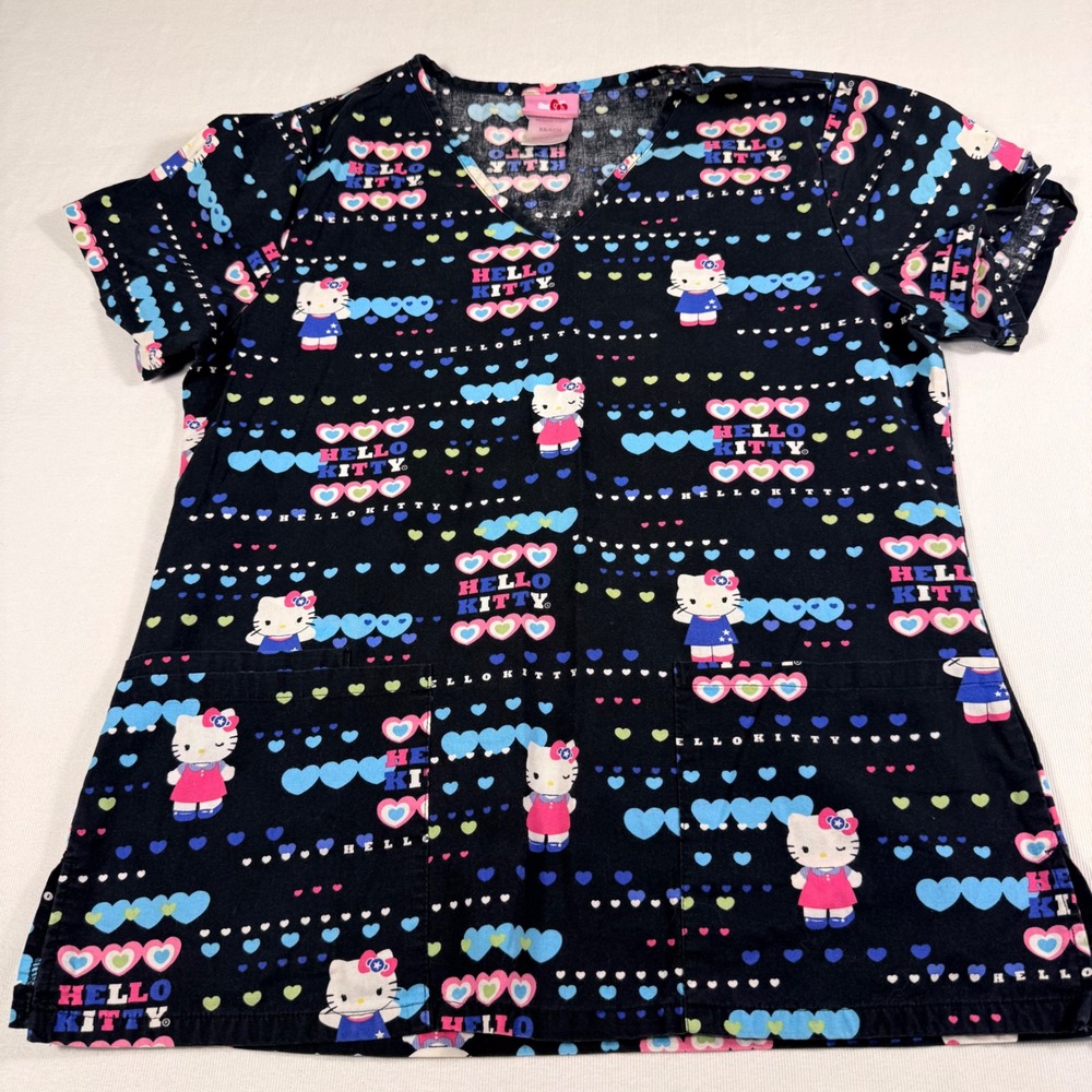 Hello Kitty by Sanrio Women's Scrub Top XS Black Multicolor Hearts Nurse Medical